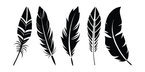 Obraz premium A set of 5 black feather silhouettes in minimal style. Clean and abstract shapes on a white background. Ideal for tattoo design, branding, and elegant minimal illustrations.