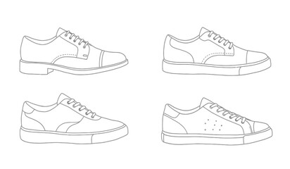 set of outline Cool Sneakers. Shoes sneaker outline drawing vector, Sneakers drawn in a sketch style, sneaker trainers template outline, Set Collection. vector Illustration.