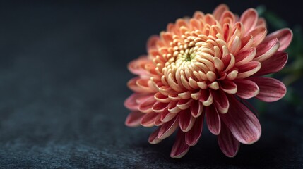 Sunset-colored chrysanthemum on stark black surface, minimalist but glowing