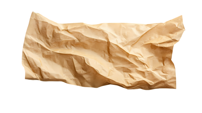 Isolated crumpled brown paper sheet with visible texture  in a studio shot isolated on transparent background
