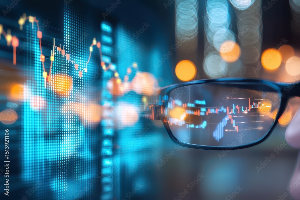 Poster Business confident finance concept. Futuristic glasses displaying digital financial data and graphs with bokeh lights in the background.