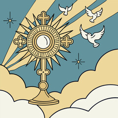 Heavenly vector scene of glowing Eucharistic host divine light sacred religious Christian spiritual worship design
