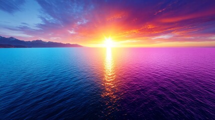 Obraz premium Vibrant Sunset Over Serene Ocean - A breathtaking sunset casts vibrant orange and red hues across a tranquil ocean, symbolizing peace, serenity, beauty, hope, and new beginnings