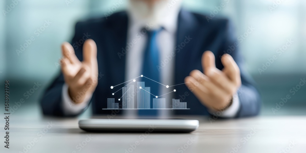 Poster business confident finance concept. businessman presenting data analysis with graphs on a tablet in 