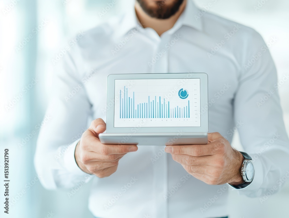 Poster business confident finance concept. a man displays digital graphs on a tablet in a professional sett