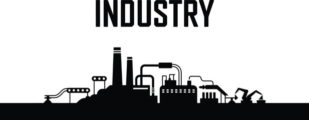 Naklejka premium Industrial factory silhouette with smokestacks, city space, geometric shapes, and minimalist design.