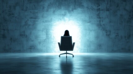 Obraz premium Business confident finance concept. Silhouette of a person in a chair against a glowing blue background.