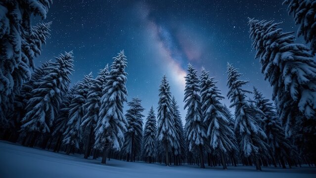 Winter forest landscape at night, snow-covered pine trees under a starry sky with the Milky Way - Powered by Adobe