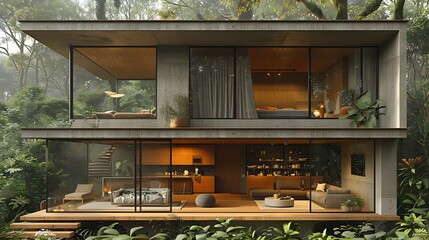 Modern House in Jungle with Large Windows and Concrete Structure