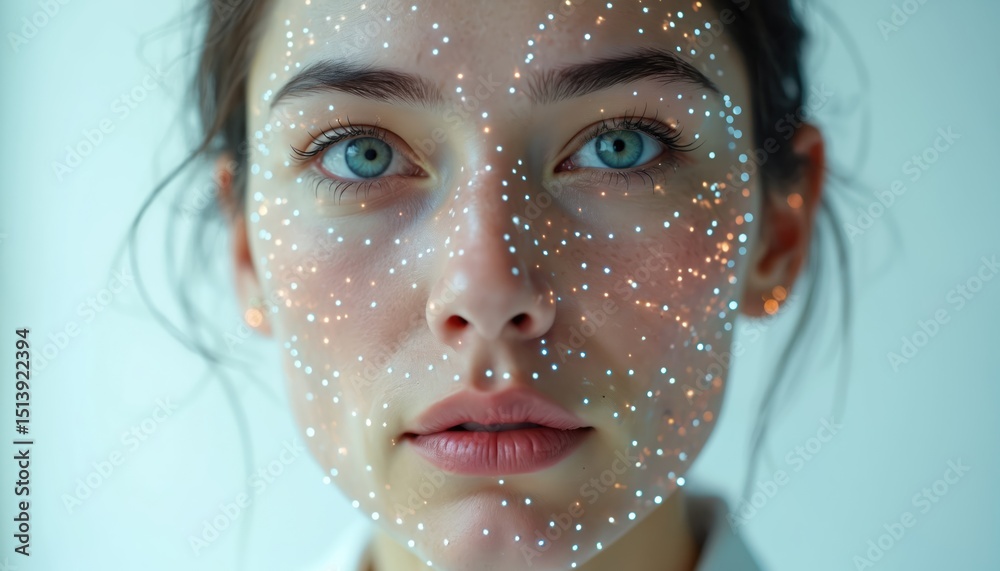 Poster Woman face with geometric pattern created by dots. Artificial intelligence, facial recognition, deepfake tech concept. Digital art with girl face and futuristic data.