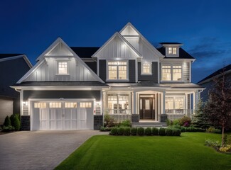 Obraz premium Illuminated two story house with white trim and a garage at dusk with a green lawn in front