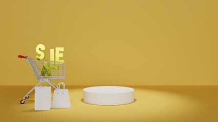 A 3D rendered promotional scene featuring a shopping cart, bold 