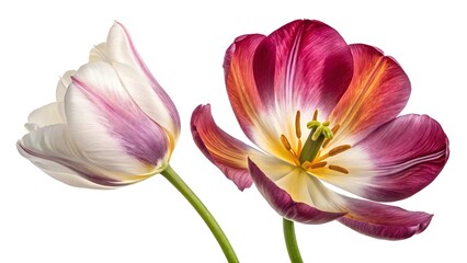 Fototapeta premium Two colorful tulip flowers isolated on white background