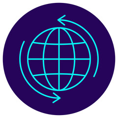 Icon of a globe with two circular arrows. Vector pictogram with thin lines on a dark blue circular background. Symbolizes global connection, internet network, and data exchange