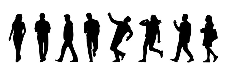 Evolution of human passion: vector silhouettes of people dancing, playing sports, and making music