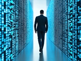 Business confident finance concept. A businessman walks through a corridor of glowing digital data.
