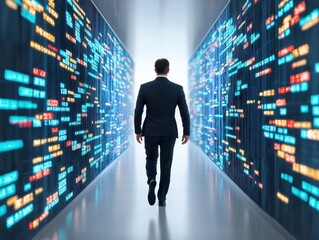 Business confident finance concept. A person walks through a digital corridor filled with glowing data displays.
