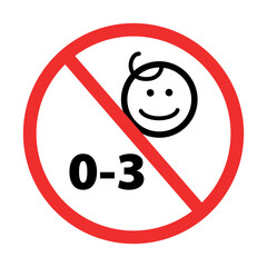 Warning sign indicating products not suitable for children aged 0-3 with a crossed-out baby face symbol