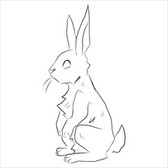 Rabbit sitting. Vector black and white hand drawn illustration. Linear stylized hare. Universal. Design and print for postcards, stickers and other various paper products.