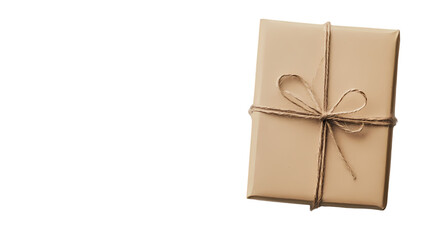 A neatly wrapped gift box in brown paper tied with twine  in a studio setting isolated on transparent background