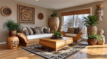 Bohemian lounge corner with earthy pillows and tribal decor accents high image