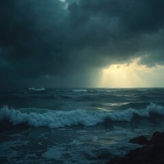Obraz premium Cinematic view of a stormy sea with dark clouds. Dramatic weather over ocean, sunlight breaks through the clouds. Waves, water, sky and horizon, nature power.