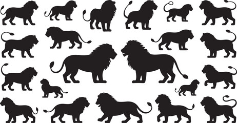 Fototapeta premium Collection of vector silhouette illustrations featuring various poses of african lions