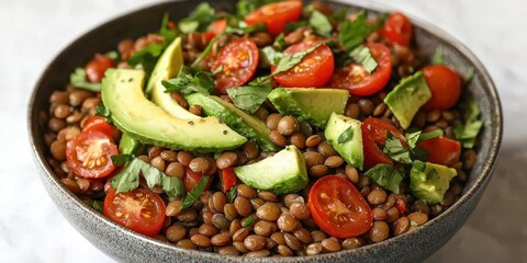 A fresh lentil salad with cherry tomatoes, avocado slices, and chopped herbs served in a bowl.