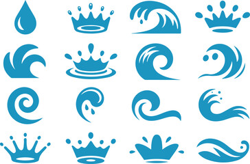 Collection of water waves crowns and splashes in simple blue vector illustrations