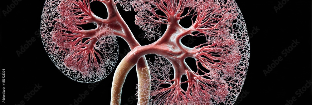 Poster detailed cross-section of a 3d kidney showcasing intricate blood vessel structure with a clear left 