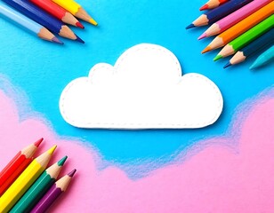 a white cloud on a blue pink sky pencil children's drawing hatching around colored pencils bright background