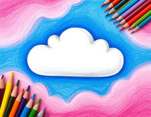 a white cloud on a blue pink sky pencil children's drawing hatching around colored pencils bright background