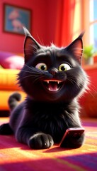 a black fluffy cartoon cat is sitting on the floor laughing and holding a smartphone in its paws the illustration is funny