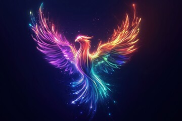 Glowing neon phoenix rising with wings spread in colorful surreal fantasy artwork
