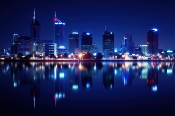 Fototapeta premium Modern glowing city skyline with lights reflecting in water during night
