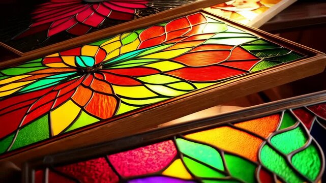 Colorful stained glass panels depicting floral and insect motifs featuring vivid colors and wooden frames, artful craftsmanship. - Powered by Adobe