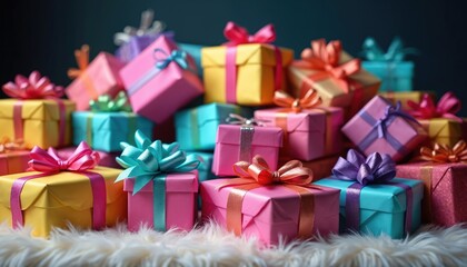 Fototapeta premium Colorful wrapped birthday presents arranged. Presents for birthday person. Gifts with bows, ribbons on white fluffy background. Festive holiday mood, celebrate happy event, make someone joy.