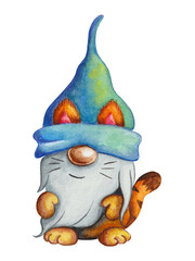 Cute Watercolor Gnome Dressed as Tiger in Blue Green Hat Illustration in Pastel Colors for Kids Decor and Greeting Cards