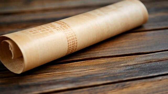 Aged parchment scrolls on wood surface background for historical document display
