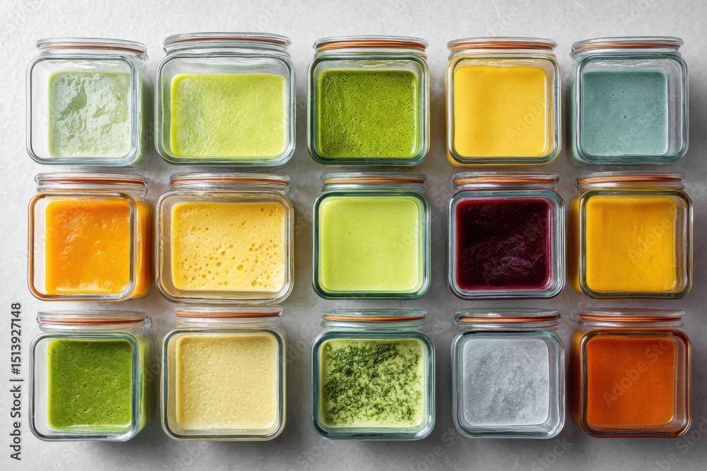 Poster Frozen Soups in Glass Containers Arranged Neatly on a Light Surface Showcasing a Vibrant Array of Colors and Textures