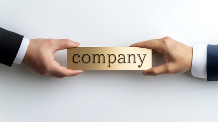 Obraz premium Two people, in suits, hold up a golden sign together to symbolize teamwork, collaboration, and partnership in business, or perhaps a merger between two corporations.