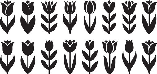 Elegant black tulip floral silhouette collection perfect for design elements and decorative projects