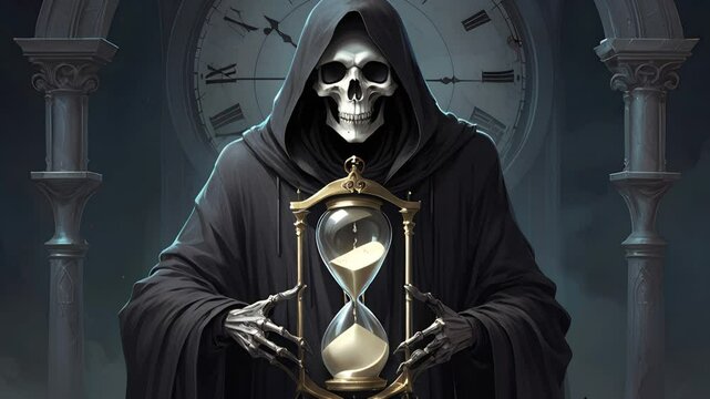 Grim reaper holding hourglass, dark fantasy 3d animation of death figure with flowing cloak, time running out concept