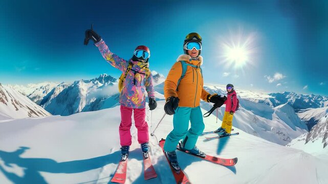 Skiers atop a snowy mountain, enjoying a sunny winter day. Winter sports provide fun outdoors. Family activities in the snow and mountains make memories.