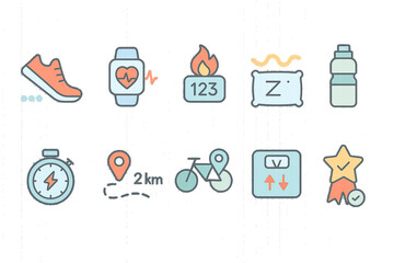 Pastel Fitness Tracker Icon Set – Minimalist Health & Activity Vectors (Transparent Background)
