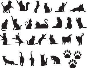 Cute Cat Silhouettes & Paw Prints | 28 Black Feline Poses in Playful, Sitting, Stretching Styles – Perfect for Pet Designs, Stickers, Logos, Crafts & Animal-Themed Projects