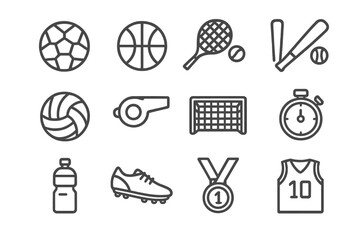 Assorted sports icons including ball, racket, bat, medal, and jersey