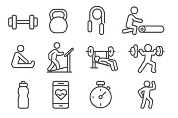 Minimalist fitness icons set with exercise equipment and activities