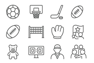Grayscale icons of sports equipment and activities with family and community