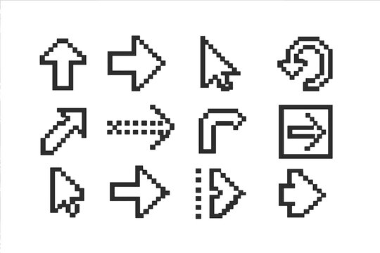Pixelated pointer and arrow icons on dark grid background